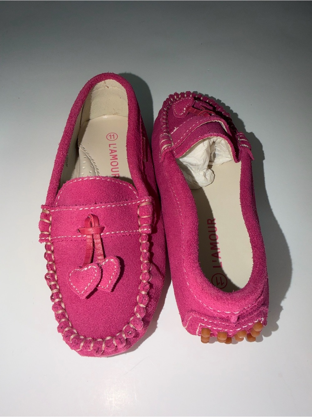 NWT L'Amour Girls Size 11 Fuchsia Suede Driving Moccasins | Heart Tassel